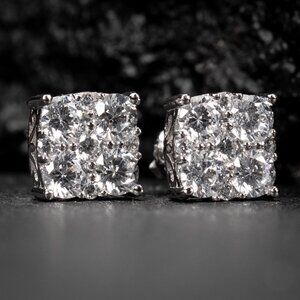 Square Flower Cluster White Gold Plated Sterling Silver Stud Screw Back Earrings